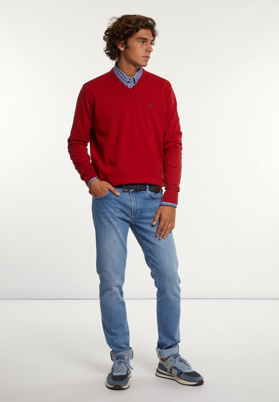 River Woods Normal Fit Katoenen Basic V-hals Trui Poppy Red Mix