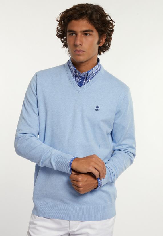 River Woods Normal Fit Katoenen Basic V-hals Trui Sea Mix