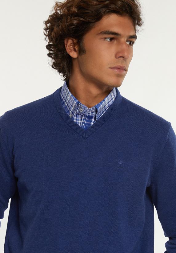 River Woods Normal Fit Katoenen Basic V-hals Trui Touareg Blue Mix