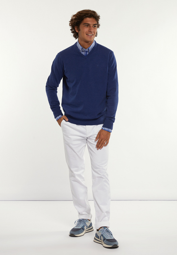 River Woods Normal Fit Katoenen Basic V-hals Trui Touareg Blue Mix