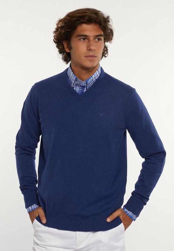 river woods Normal fit katoenen basic V-hals trui touareg blue mix
