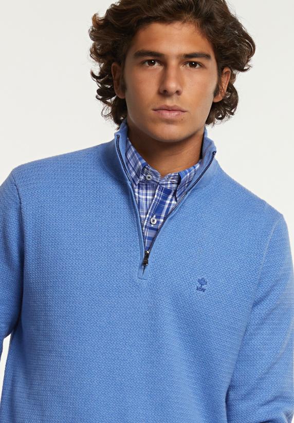 River Woods Normal Fit Katoenen Trui Opstaande Kraag Blue Azure Mix