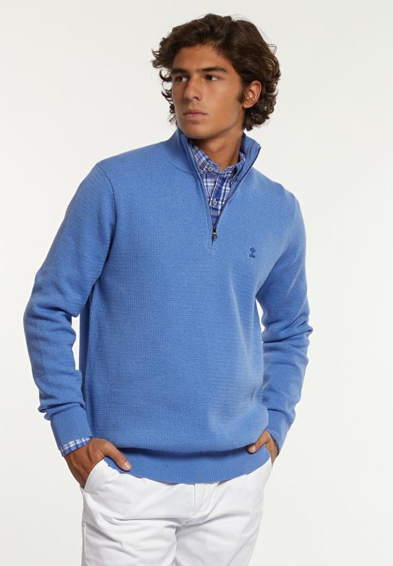 River Woods Normal Fit Katoenen Trui Opstaande Kraag Blue Azure Mix