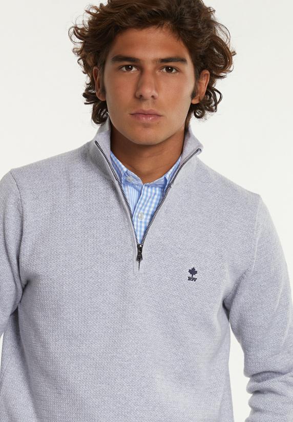 River Woods Normal Fit Katoenen Trui Opstaande Kraag Lt Grey Mix