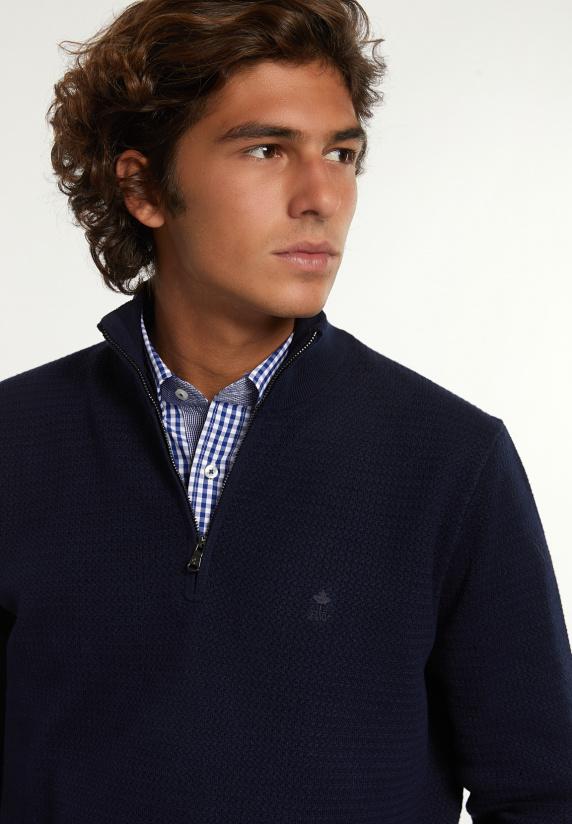 River Woods Normal Fit Katoenen Trui Opstaande Kraag Navy