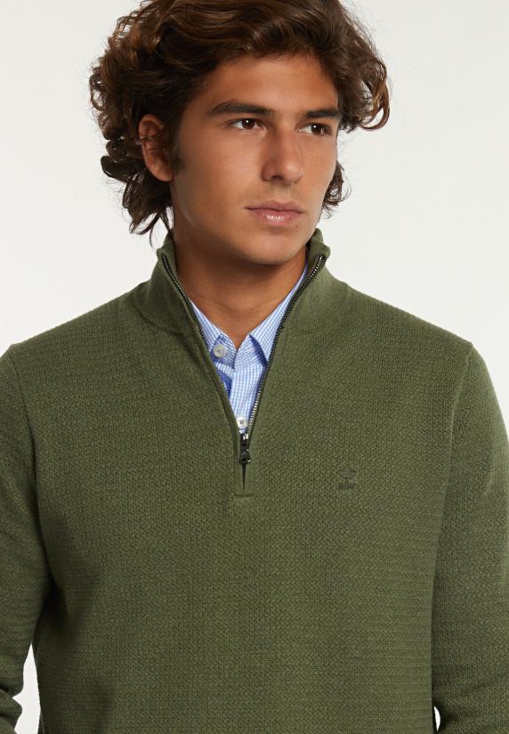 River Woods Normal Fit Katoenen Trui Opstaande Kraag Olive Mix