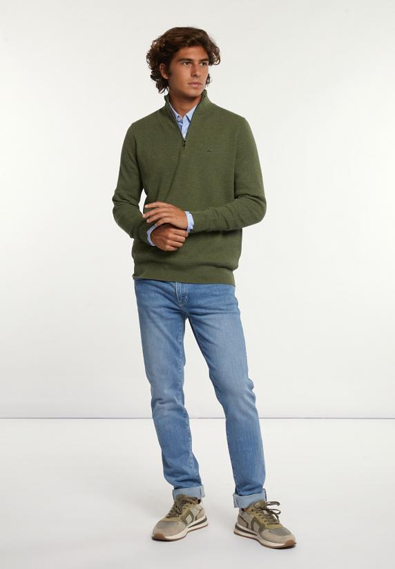 River Woods Normal Fit Katoenen Trui Opstaande Kraag Olive Mix