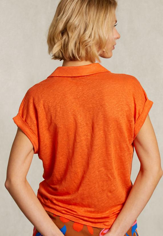 River Woods Oranje Linnen V-hals T-shirt Korte Mouwen