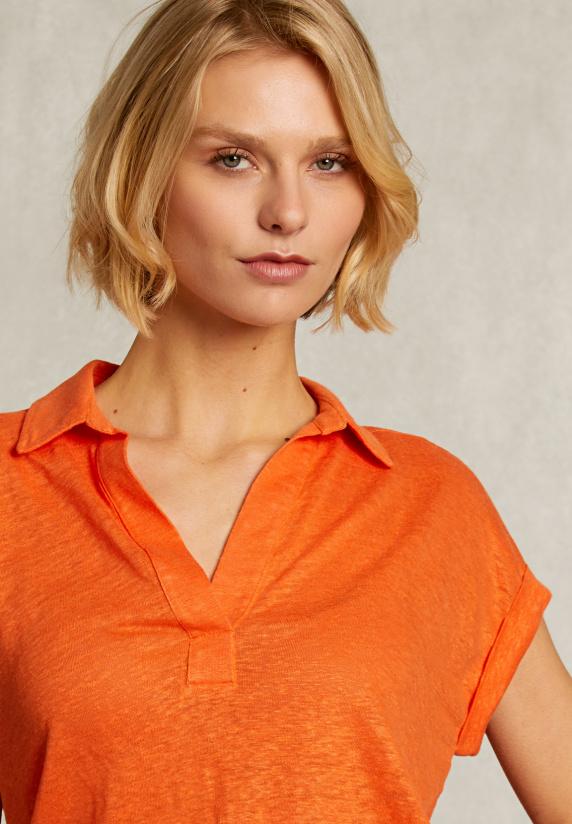 River Woods Oranje Linnen V-hals T-shirt Korte Mouwen