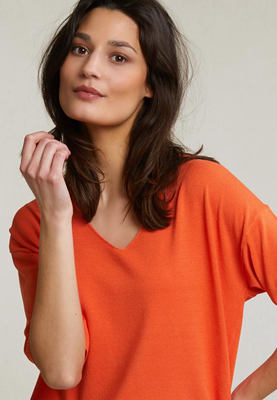 River Woods Oranje V-hals Viscose Trui Korte Mouwen