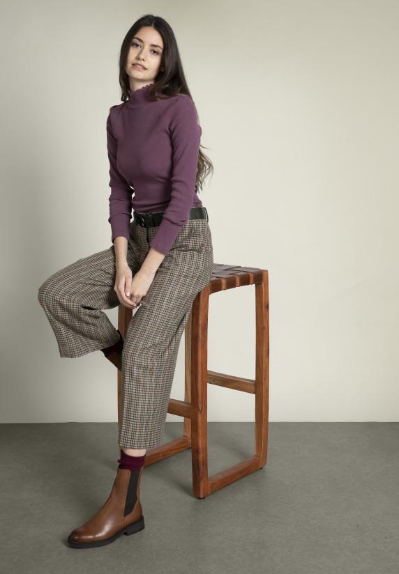 River Woods Paarse Geribbelde T-shirt Opstaande Kraag