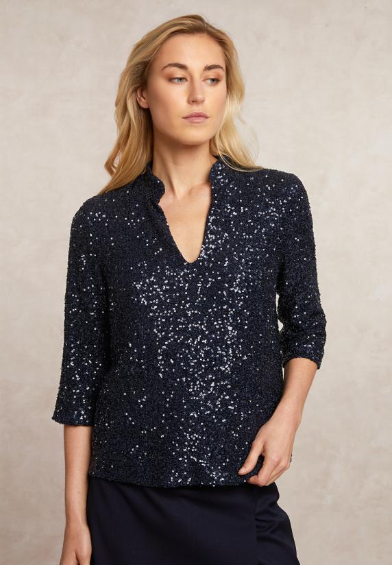 River Woods Pailletten V-hals Blouse 3/4 Mouwen Navy