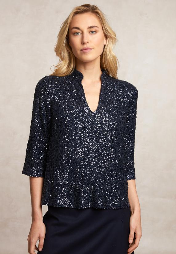 river woods Pailletten V-hals blouse 3/4 mouwen navy