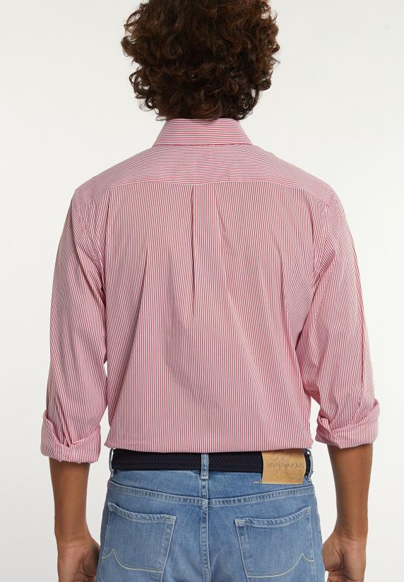 River Woods Regular Fit Gestreept Comfort Stretch Hemd Rood/wit