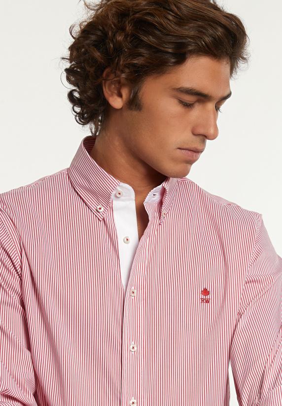 River Woods Regular Fit Gestreept Comfort Stretch Hemd Rood/wit