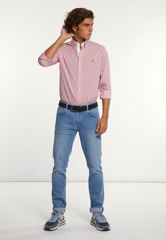 River Woods Regular Fit Gestreept Comfort Stretch Hemd Rood/wit