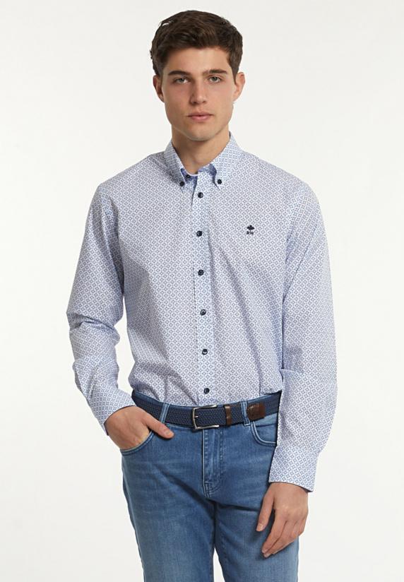 River Woods Regular Fit Katoenen Fantasiehemd Blauw/wit