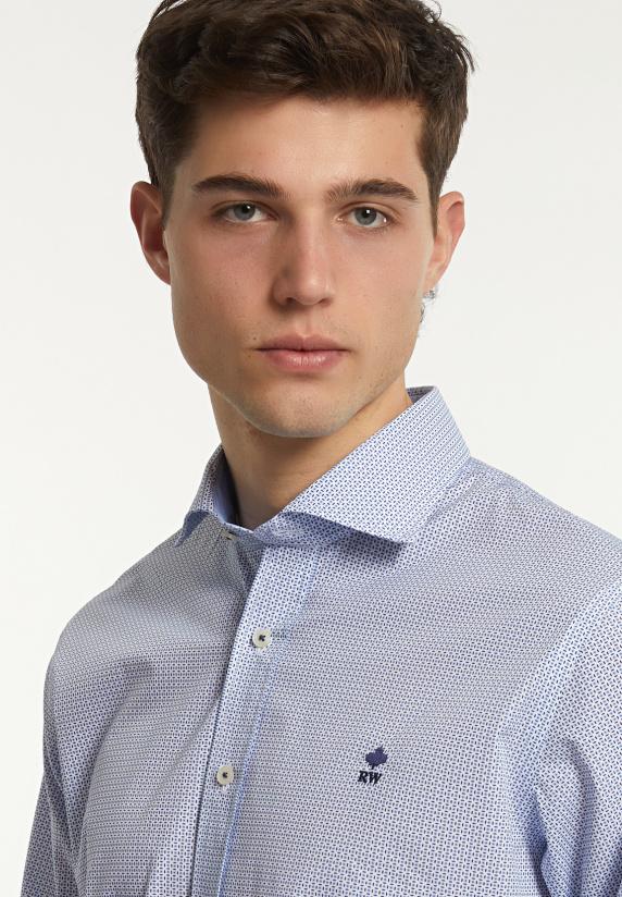 River Woods Regular Fit Katoenen Fantasiehemd Blauw/ Wit