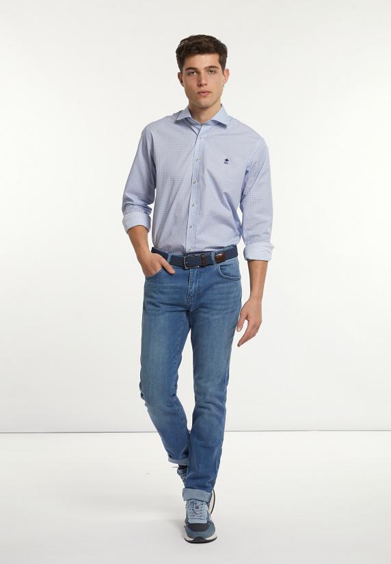 River Woods Regular Fit Katoenen Fantasiehemd Blauw/ Wit