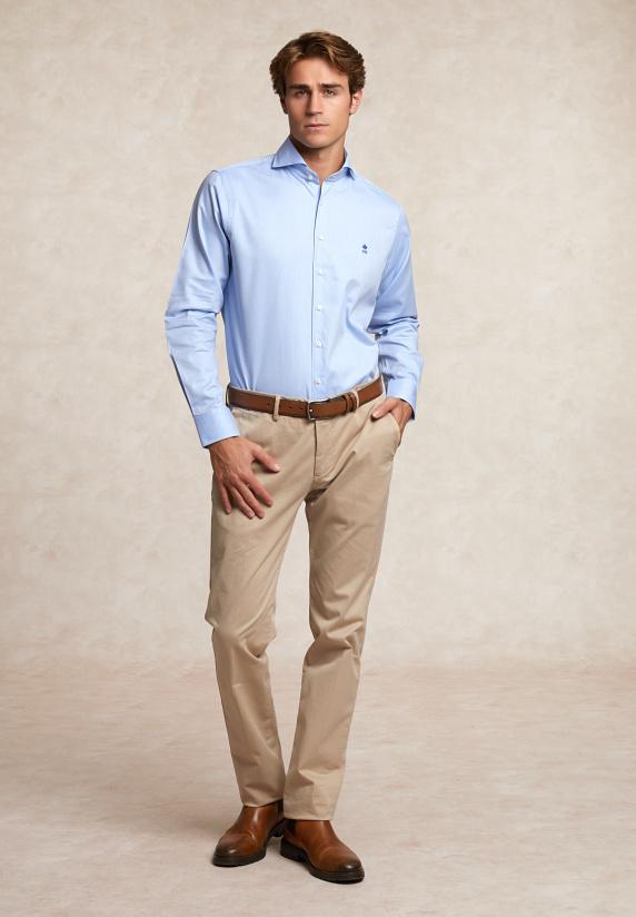 River Woods Regular Fit Katoenen Gestipt Hemd Blauw