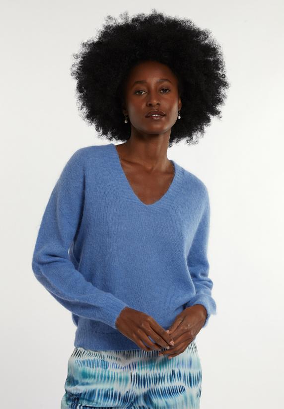 river woods Alpaca-wollen V-hals trui blauw