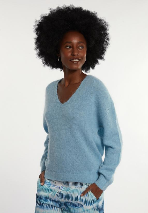 river woods Alpaca-wollen V-hals trui lichtblauw
