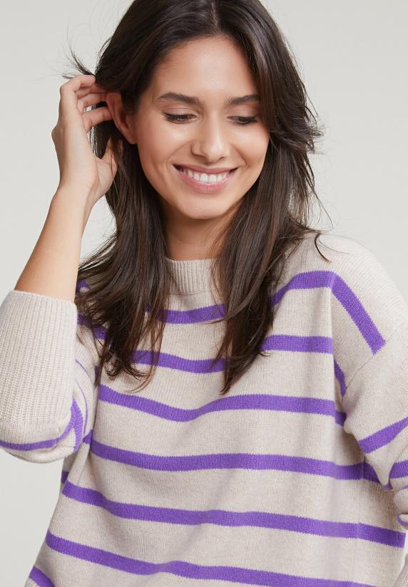 River Woods Beige/paarse Gestreepte Lamswol Trui