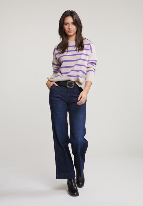 River Woods Beige/paarse Gestreepte Lamswol Trui