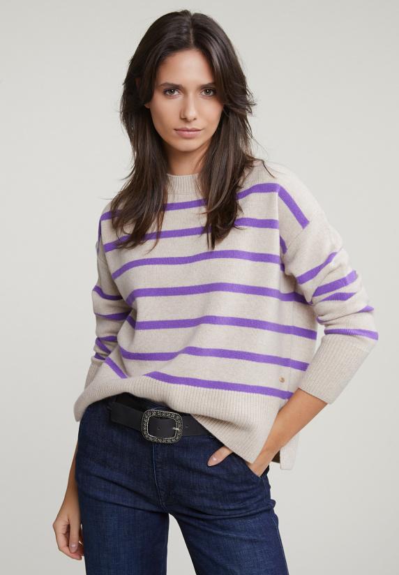 River Woods Beige/paarse Gestreepte Lamswol Trui