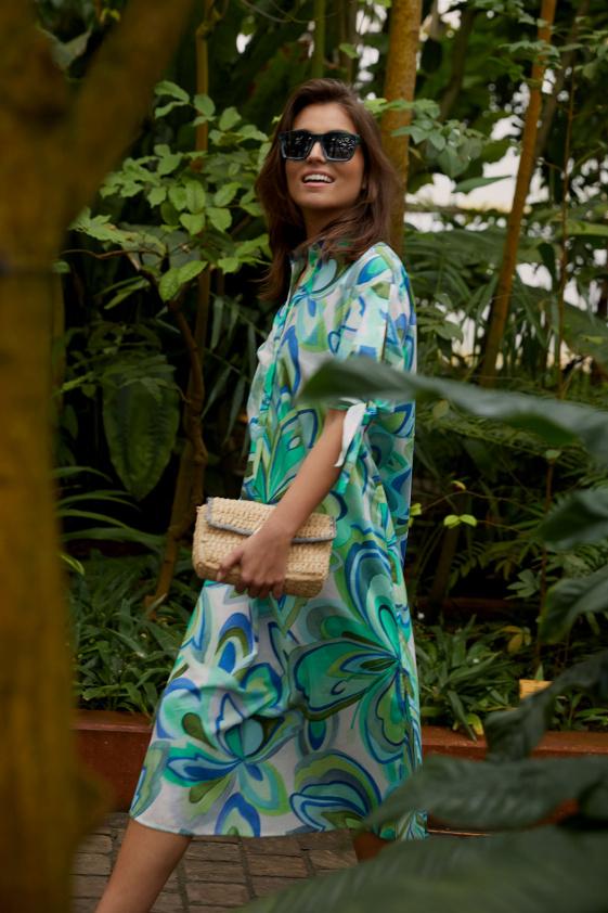 River Woods Blauw/groen Lange V-hals Fantasiejurk