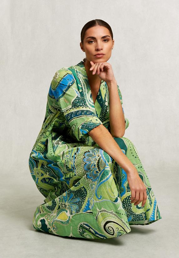 river woods Blauw/groene fantasie V-hals jurk