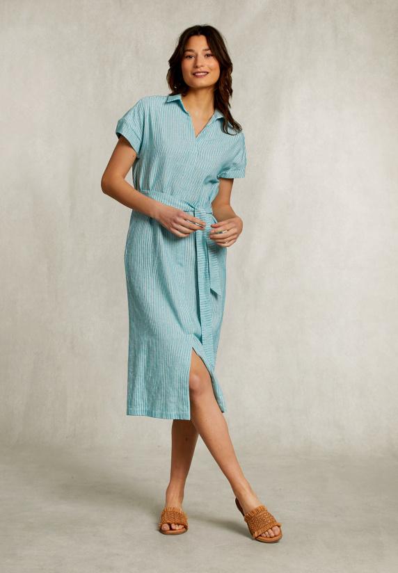 river woods Blauw/groene gestreepte jurk met riem