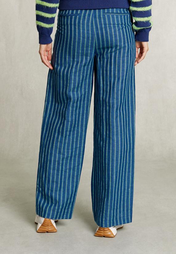 River Woods Blauw/groene Gestreepte Linnen Broek