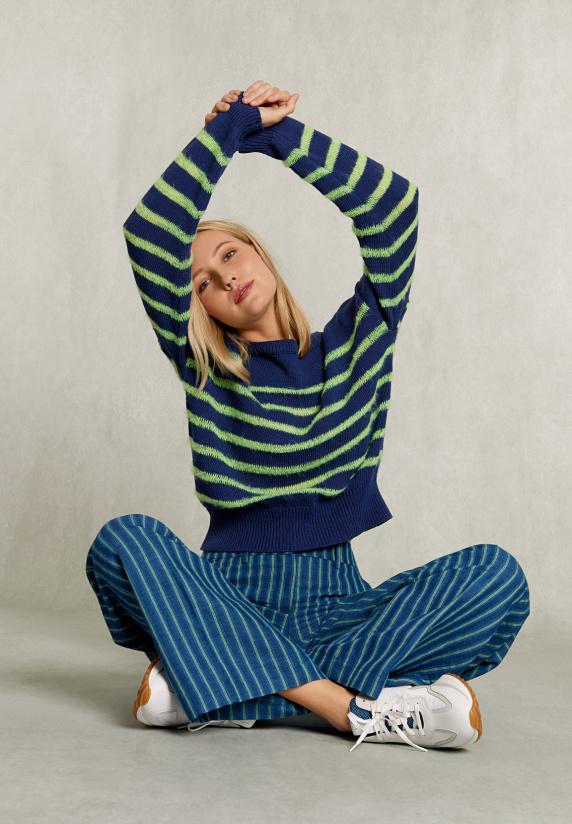 River Woods Blauw/groene Gestreepte Linnen Broek