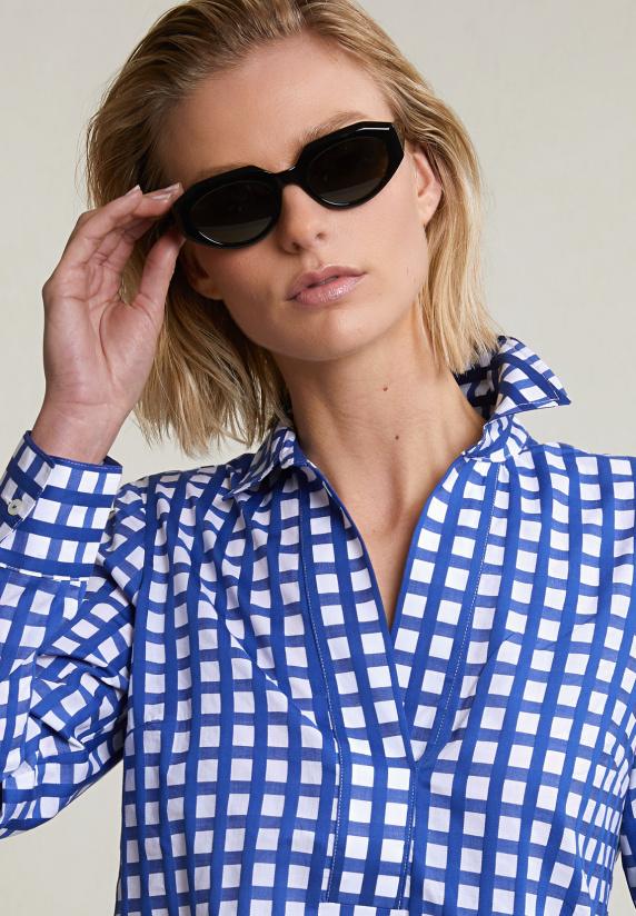 River Woods Blauw/wit Geruite V-hals Blouse