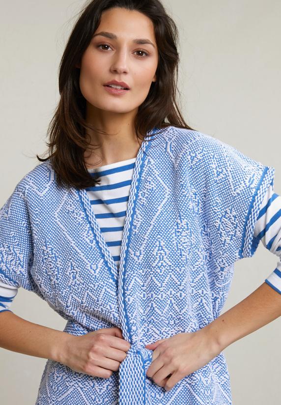 River Woods Blauw/witte Mouwloze Kimono Met Riem