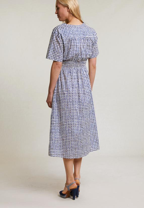 River Woods Blauw/witte V-hals Jurk Smock Detail