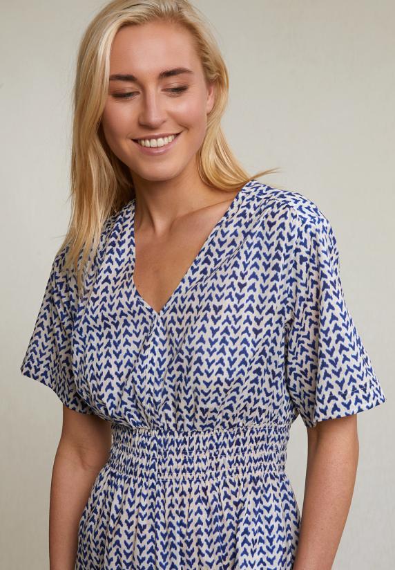 River Woods Blauw/witte V-hals Jurk Smock Detail