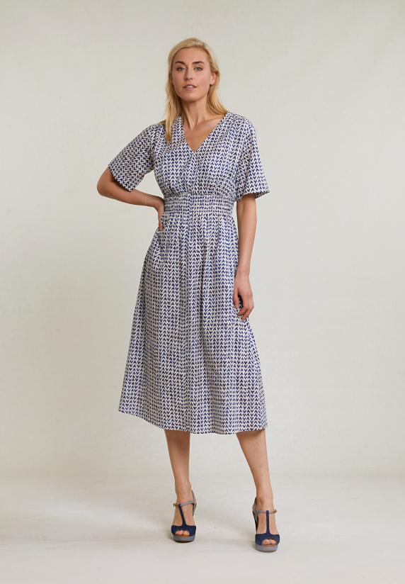 river woods Blauw/witte V-hals jurk smock detail