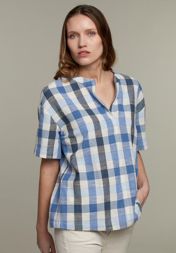 River Woods Blauwe Geruite Blouse Met V-hals