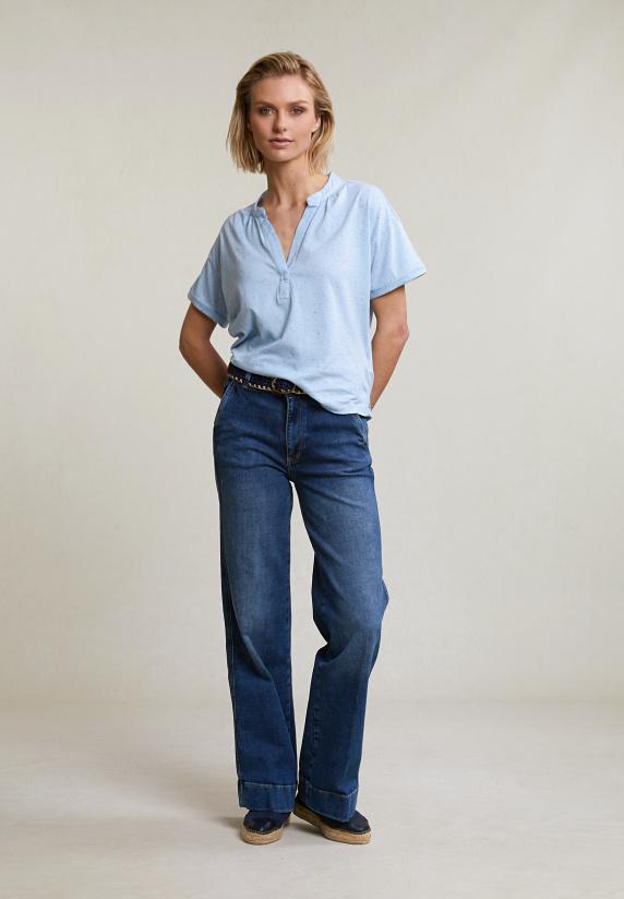 River Woods Blauwe Gestipte V-hals T-shirt