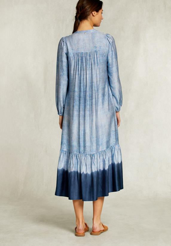 River Woods Blauwe Lange Tie-dye Jurk Met Ruches
