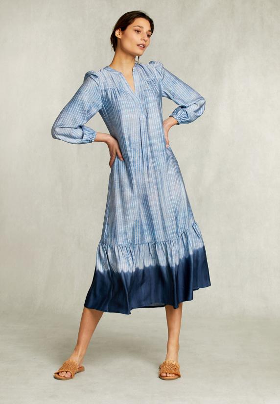 river woods Blauwe lange tie-dye jurk met ruches