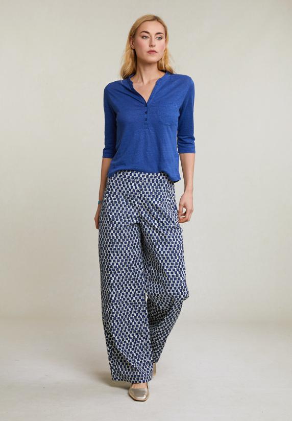 River Woods Blauwe Linnen V-hals T-shirt Met Zak