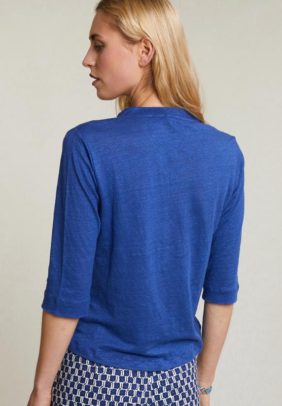 River Woods Blauwe Linnen V-hals T-shirt Met Zak