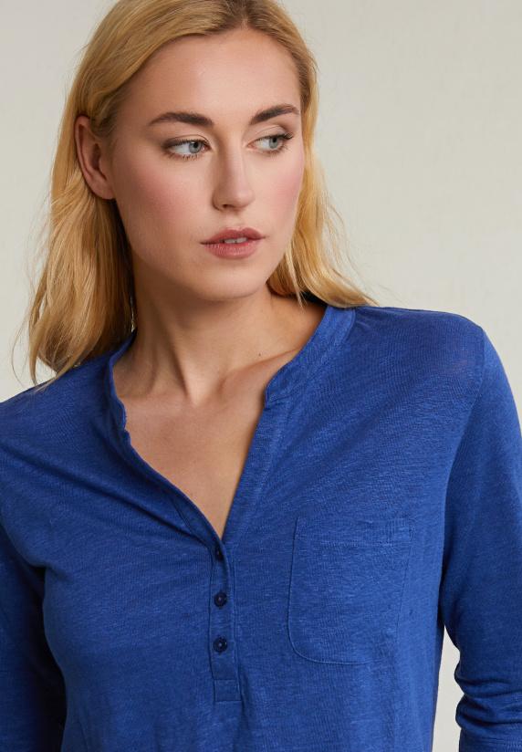 River Woods Blauwe Linnen V-hals T-shirt Met Zak