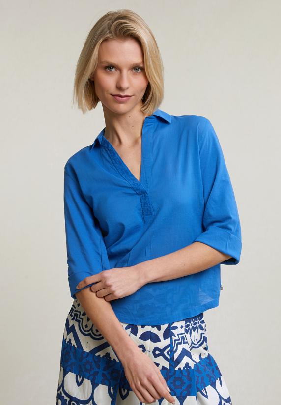 river woods Blauwe V-hals polo T-shirt 3/4 mouwen