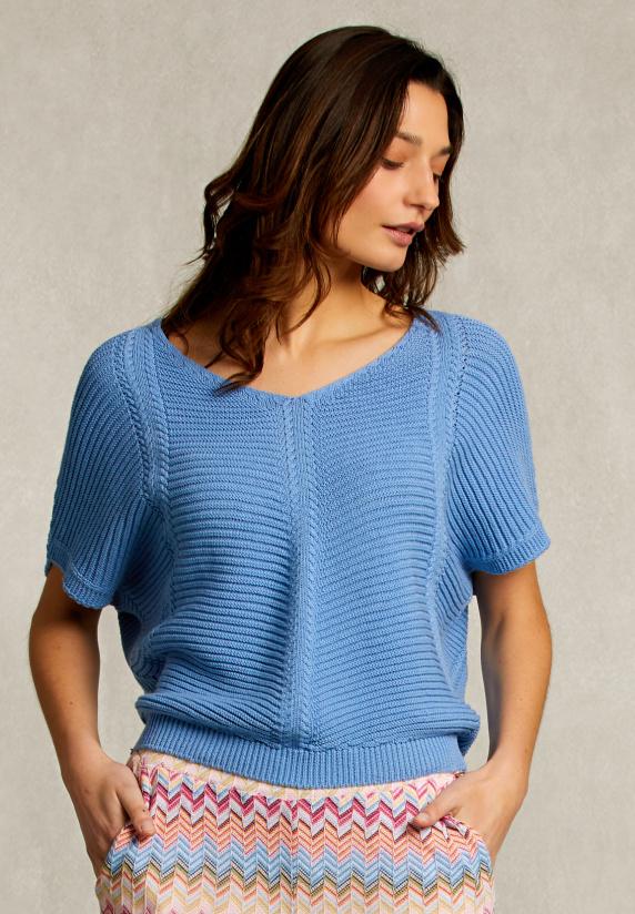 river woods Blauwe V-hals trui korte mouwen