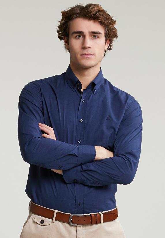 River Woods Custom Fit Effen Hemd Blauw