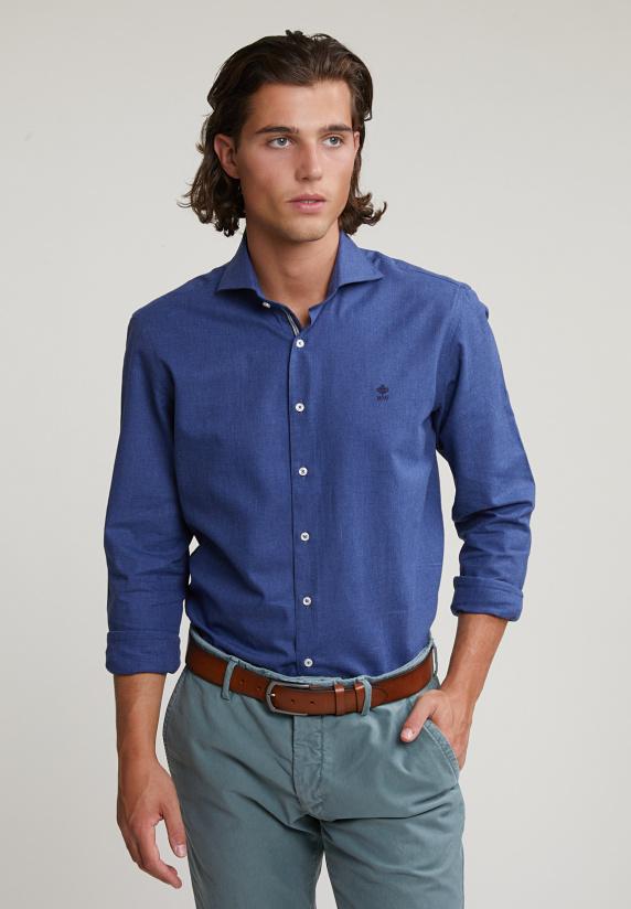 river woods Custom fit effen katoenen hemd blauw